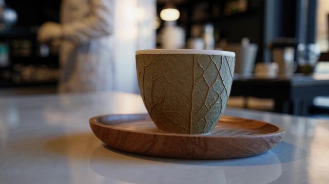 green teacups with a leaf pattern are placed on matching wooden saucers, arranged on a white table in a contemporary cafe, suggesting a moment of tranquility or a break in a busy day