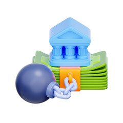 Fototapeta premium 3D icon of a bank chained to a ball on a stack of money For banking debt crisis, financial burden, bad loans, non-performing assets.