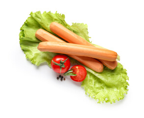 Tasty sausages with lettuce and tomatoes on white background