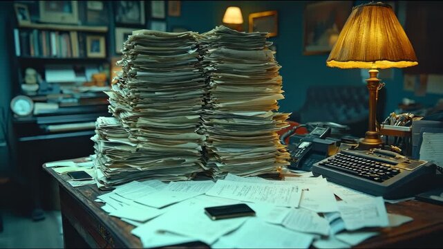 Overloaded desk with paper stacks, typewriter, and lamp in a dim office