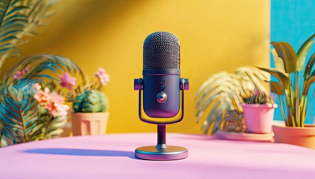 Stylish Microphone on a Pink Table with Colorful Plants.