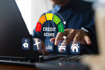 Credit score analysis with financial rating meter showing excellent to poor levels for loan...