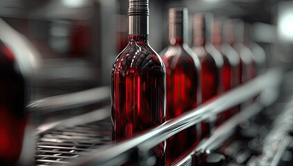 Wine Bottles Moving on a Conveyor Belt in a Modern Winery.