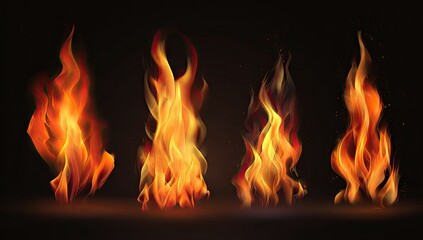 Four Realistic Fire Flames Isolated on Dark Background for Design.