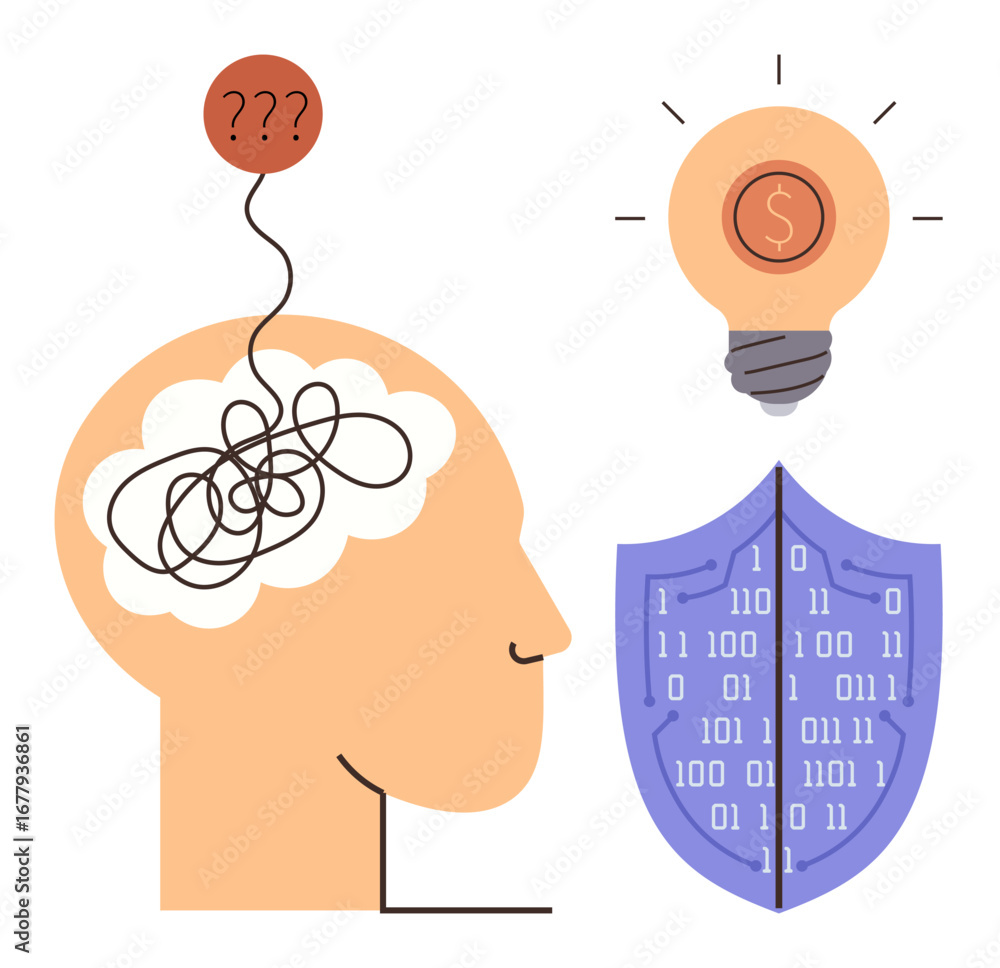 Poster human head with tangled thoughts leading to a lightbulb innovation, shield with binary code symboliz