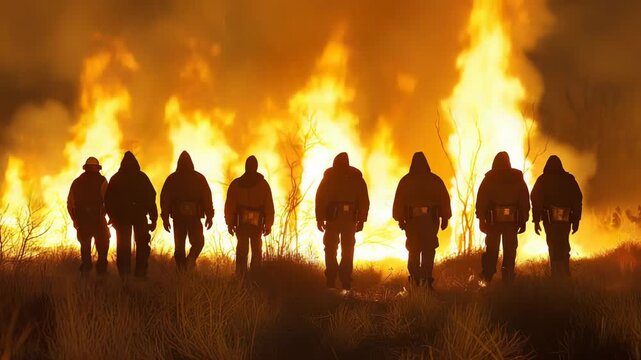 Brave firefighters walking together toward a smoky forest during an emergency response mission
