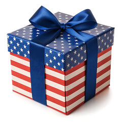 Fototapeta premium A square gift box with american flag design and blue ribbon on a white background in studio shot