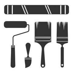 Silhouette of painting tools including a paint roller and various paintbrushes on a white background