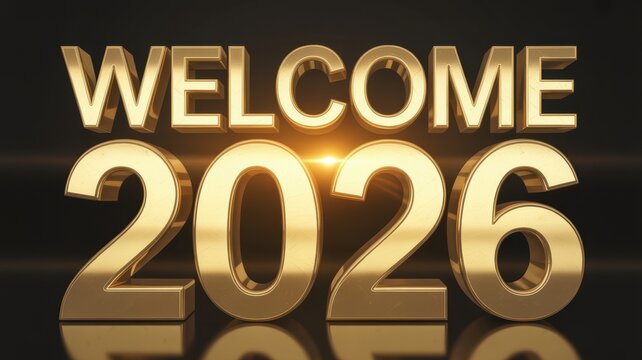 Golden welcome text with year two thousand twenty six on a dark background with a light flare
