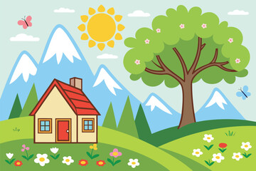 Fototapeta premium Cartoon landscape features a cottage, sun, tree, mountains, butterflies, and vibrant flowers