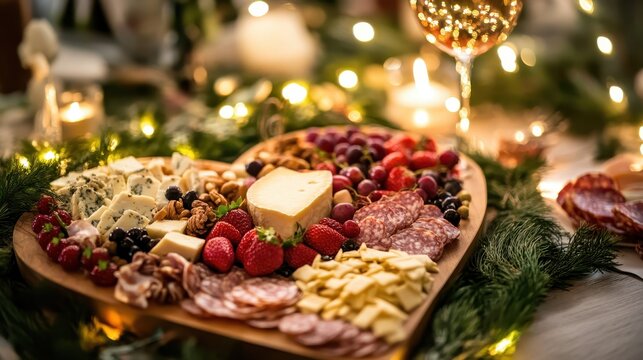 Festive Charcuterie Board with Cheese, Fruits, and Decorative Lights - Powered by Adobe