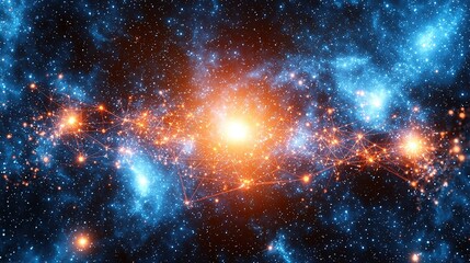 Naklejka premium Orange-Blue Cosmic Network Background (Space Sci-Fi & Tech Aesthetics)