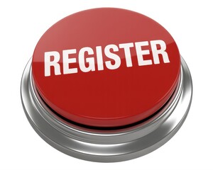 Close up of a red register button with white text on a white background in a studio shot image