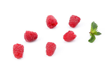 Fresh raspberry and mint on white background