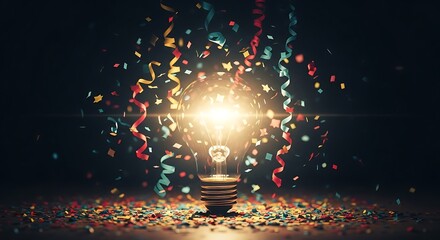 Illuminated lightbulb surrounded by colorful confetti and streamers
