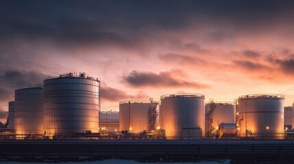Industrial storage tanks at sunset, energy plant