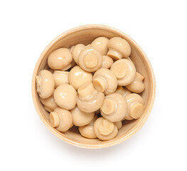 Bowl of canned mushrooms isolated on white background
