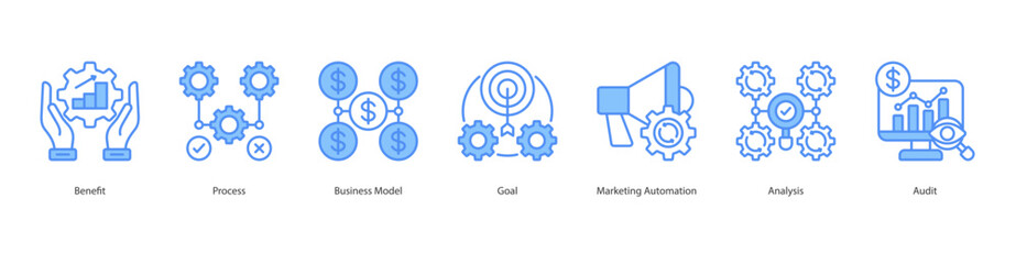 Business Performance Audit banner web icon set vector illustration concept with icon of benefit, process, business model, goal, marketing automation, analysis, audit