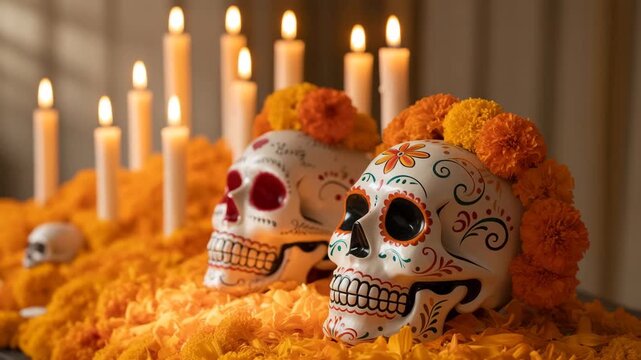 Dia de los Muertos Woman with Skull Makeup and Candlelit Altar - Powered by Adobe