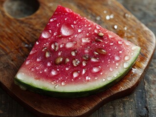 Juicy watermelon slice on wooden board, rustic kitchen