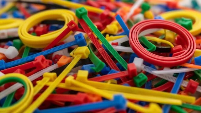 Colorful assortment of plastic ties and bands scattered on a surface