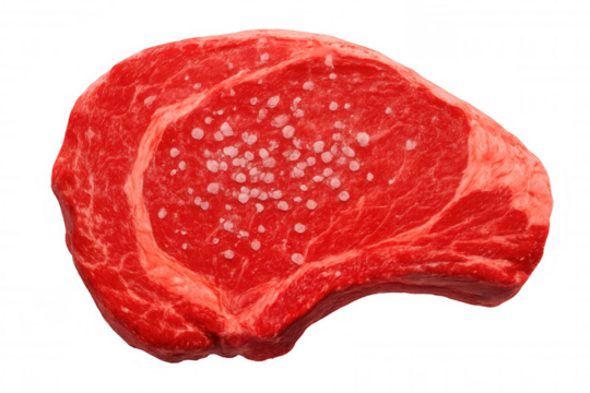 Fresh, raw beef steak seasoned with coarse salt crystals, isolated on a transparent background, ready for cooking