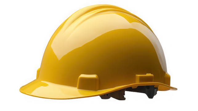 A bright yellow hard hat with a glossy finish on a transparent background.