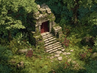 Jungle Temple Ruins Aerial View, Overgrown Steps, Lush Foliage, Adventure Game Background