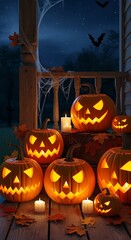 Obraz premium Halloween porch with lit jack-o'-lanterns