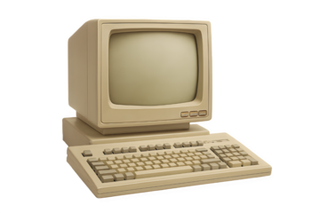 Retro personal computer with CRT monitor and keyboard, perfect for tech history, PNG – Isolated Vintage Tech Setup on Transparent Background for 80s and 90s Design Projects , perfect for nostalgic des