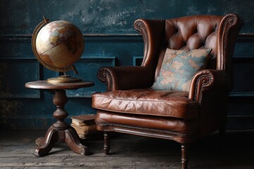 Leather armchair, globe, books, dark room, travel planning