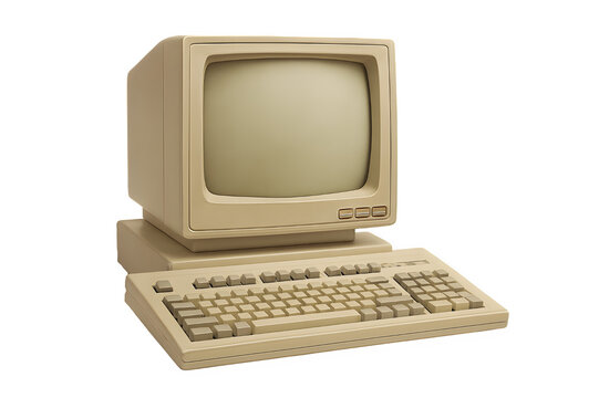 Retro personal computer with CRT monitor and keyboard, perfect for tech history, PNG – Isolated Vintage Tech Setup on Transparent Background for 80s and 90s Design Projects , perfect for nostalgic des