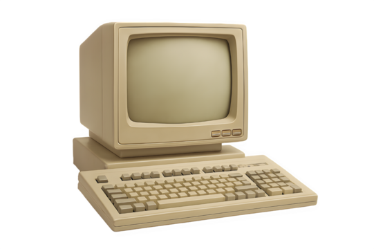 Retro personal computer with CRT monitor and keyboard, perfect for tech history, PNG – Isolated Vintage Tech Setup on Transparent Background for 80s and 90s Design Projects , perfect for nostalgic des