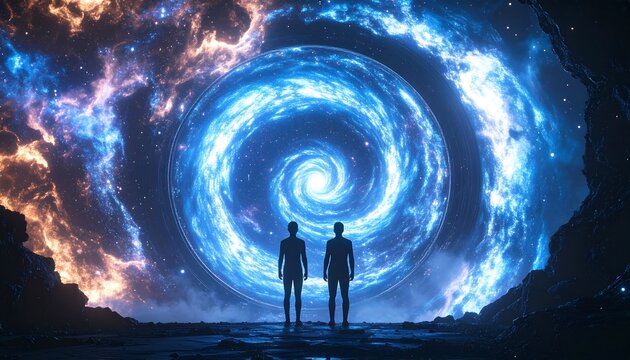 Cosmic Portal Encounter: Silhouetted Figures Gaze at a Swirling Galaxy Gateway