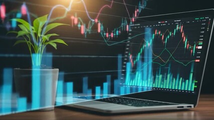Plant near open laptop displaying market data on desk for stock analysis - Powered by Adobe