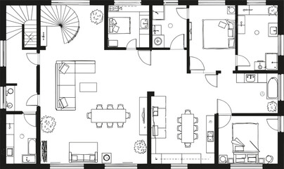 Modern minimalist architectural floor plan, spacious open living area, contemporary home layout, functional design for stylish interior inspiration, blueprint concept.