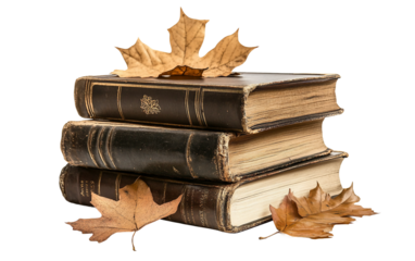 Pile of antique novels with dried foliage inside symbolizing memory history and tradition isolated on transparent background PNG