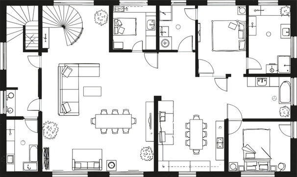 Modern minimalist architectural floor plan, spacious open living area, contemporary home layout, functional design for stylish interior inspiration, blueprint concept.