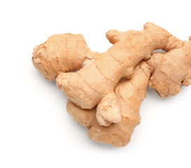 Fresh ginger root on white background
