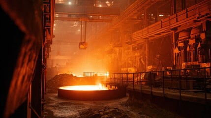 Molten metal furnace interior, industrial factory, glowing hot, night shift