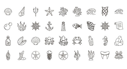 Collection of Hand-Drawn Nautical Icons and Sea Creatures in Black Outline