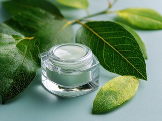 Natural face cream jar with leaves on teal background