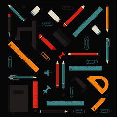 Assortment of School and Office Supplies Arranged on Dark Background