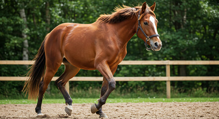Fototapeta premium Chestnut Horse Trotting Gracefully in Paddock, Majestic Chestnut Horse with White Blaze and Flowing Mane in a Scenic Setting