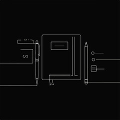Minimalist White Outline of a Notebook, Pen, Pencil, and Business Card