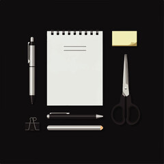 Organized workspace with notepad, pens, scissors, clip, and sticky note