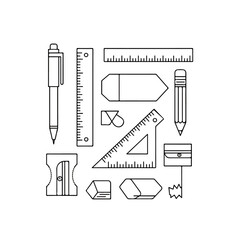 Outlined School Supplies: Pen, Pencils, Rulers, Erasers, and Sharpener