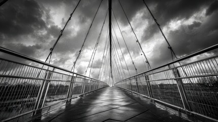 Pedestrian bridge perspective, stormy sky, urban setting, travel