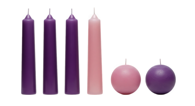 Set of five Advent candles including three purple pillar candles one rose pillar candle and two spherical candles