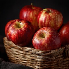 Red apples in wicker basket, dark background, harvest, food photography